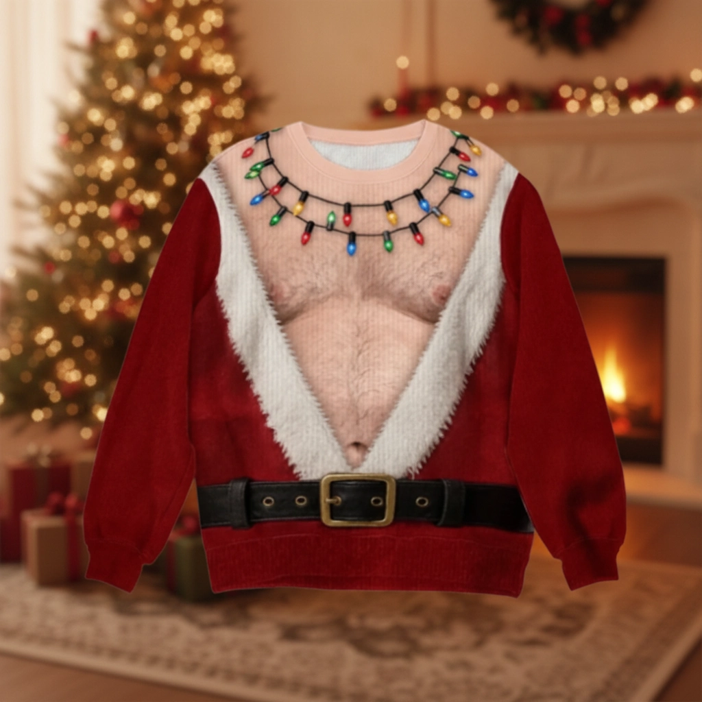 Funny Hairy Chest Santa Light Up Graphic Christmas Sweater